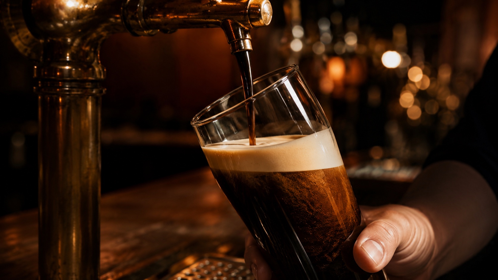 Guinness pouring from a brass tap into a tulip glass at Bridge Brew Bar Chiaia, Naples